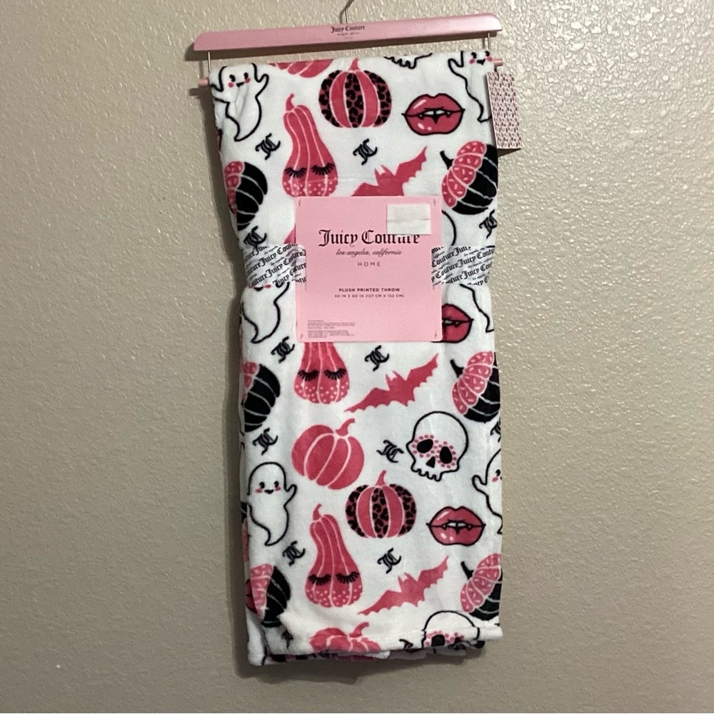 Juicy Couture White Plush Throw with Pink & Black Halloween Designs